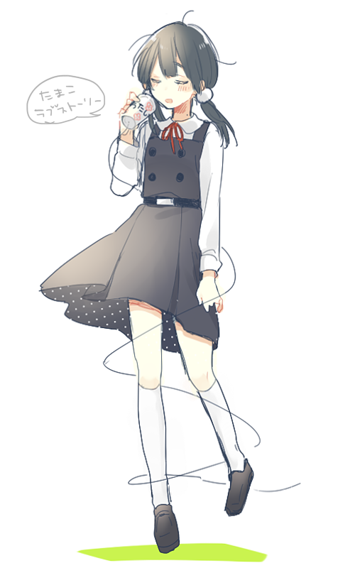 10s, 1girl, bad_id, bad_pixiv_id, black_hair, closed_eyes, kitashirakawa_tamako, kneehighs, long_hair, low_twintails, phone, school_uniform, socks, string_phone, suzuki_yui, tamako_love_story, tamako_market, twintails