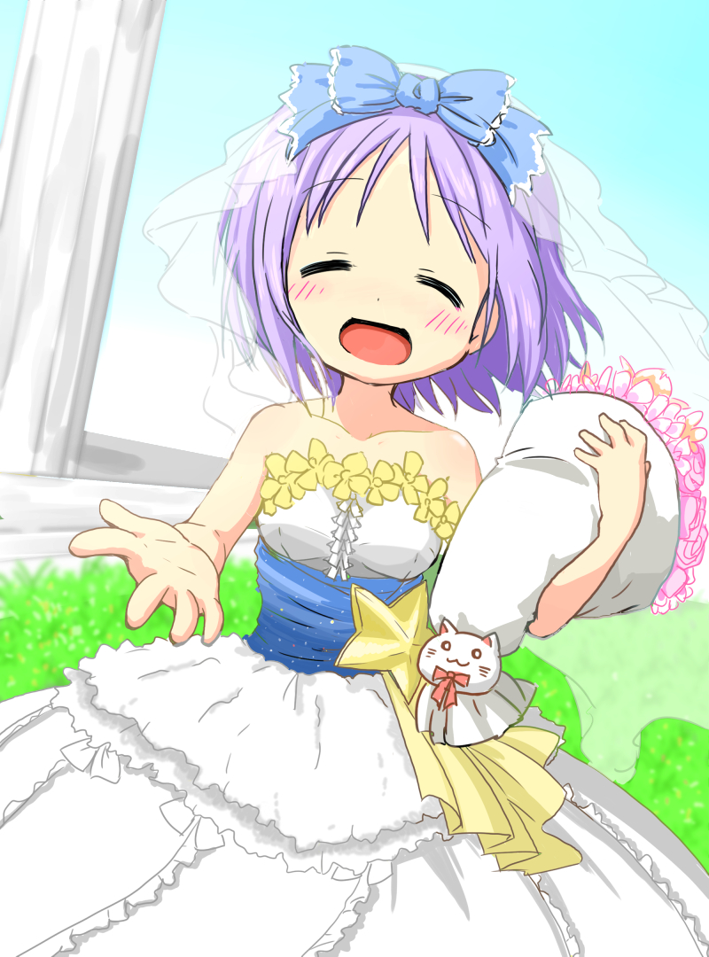 00s, 1girl, blush, bouquet, bow, bridal_veil, closed_eyes, day, dress, female_focus, flower, hair_bow, happy, hiiragi_tsukasa, holding, kanizawa_kinu, lucky_star, nyamou, open_mouth, purple_hair, ribbon, short_hair, sky, solo, unyoon_(koorin), veil, wedding_dress
