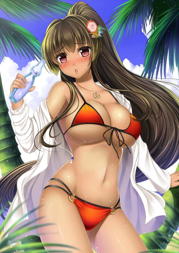 10s, 1girl, anchor, bad_id, bad_pixiv_id, beach, bikini, blush