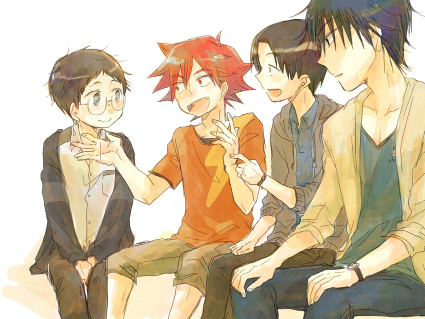 4boys, glasses, imaizumi_shunsuke, male_focus, multiple_boys, naruko_shoukichi, onoda_sakamichi, open_mouth, short_hair, sitting, smile, sugimoto_terufumi, sulky_mary, yowamushi_pedal