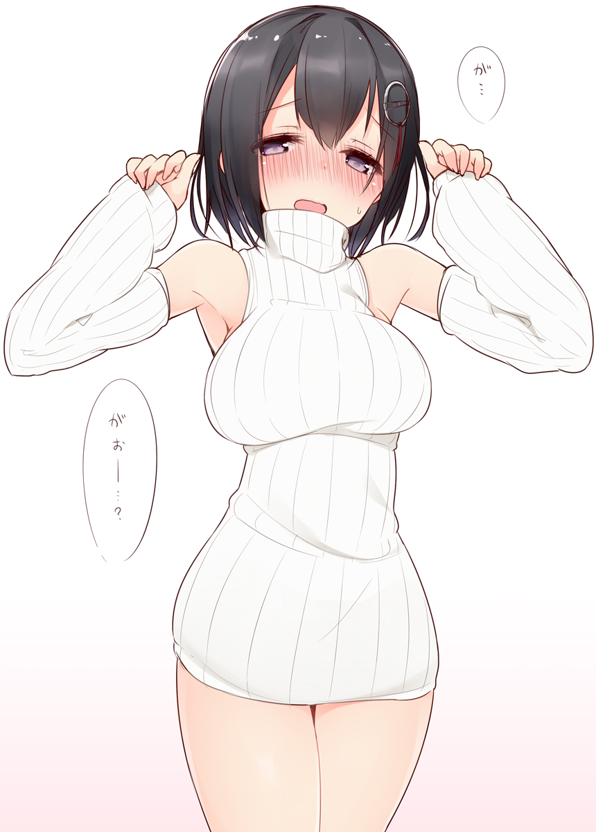 1girl, abyssal_ship, bad_id, bad_pixiv_id, black_hair, blush, breasts, brown_eyes