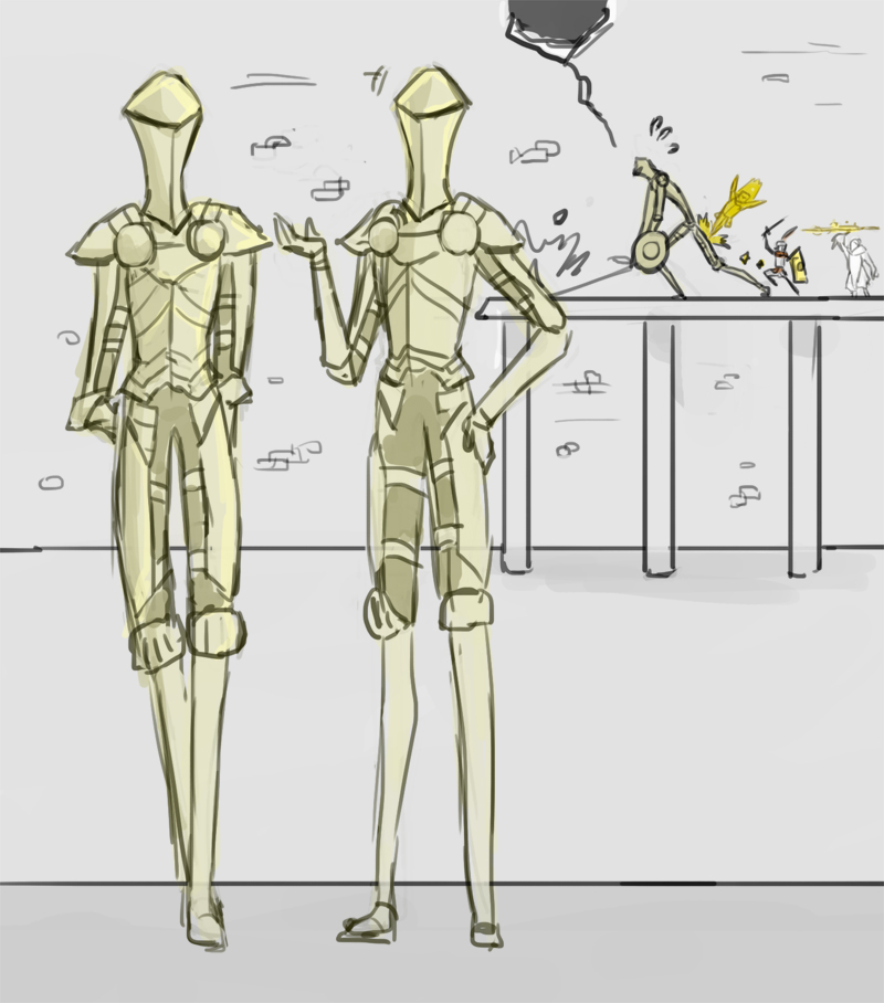 99hunters, armor, bad_link, bad_tumblr_link, dark_souls_(series), dark_souls_i, dark_souls_ii, fighting, flying_sweatdrops, helmet, hole_in_wall, kicking, multiple_boys, pauldrons, photoshop_(medium), plume, polearm, praise_the_sun, ruin_sentinel, shield, shoulder_armor, sketch, spear, sword, weapon