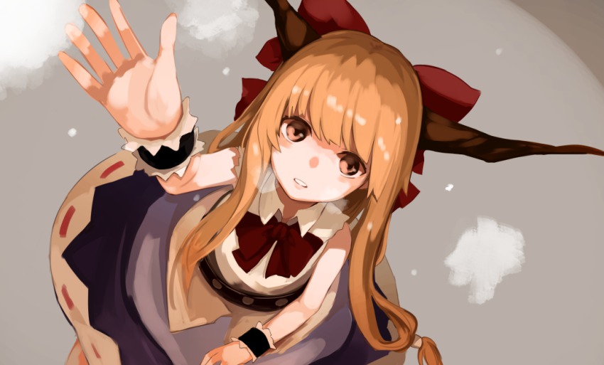 1girl, arm_up, benetto_(benet), blonde_hair, bow, chain, collared_shirt, female_focus, from_above, grey_background, hand_up, horns, ibuki_suika, long_hair, looking_at_viewer, looking_up, open_mouth, orange_eyes, outstretched_hand, shirt, simple_background, skirt, sleeveless, sleeveless_shirt, smile, solo, touhou, wrist_cuffs