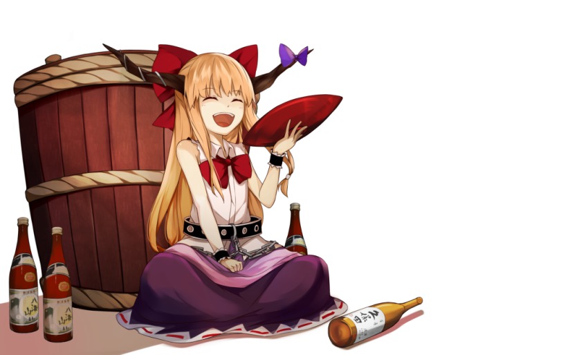 1girl, ^_^, barrel, belt, benetto_(benet), blonde_hair, bottle, chain