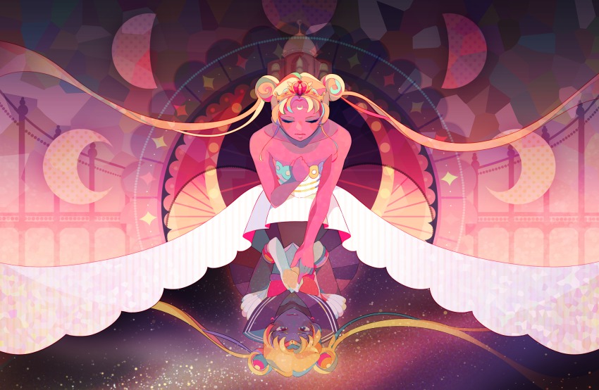 1girl, 2girls, bare_shoulders, bishoujo_senshi_sailor_moon, blue_sailor_collar, closed_eyes, crescent, crescent_facial_mark, crescent_moon, dark-skinned_female, dark_skin, double_bun, dual_persona, elbow_gloves, facial_mark, forehead_mark, gloves, hair_bun, heart, highres, long_hair, moon, multicolored_hair, multiple_girls, neo_queen_serenity, no_nose, purii, reflected_worlds, reflection, sailor_collar, sailor_moon, tiara, tsukino_usagi, twintails, white_gloves