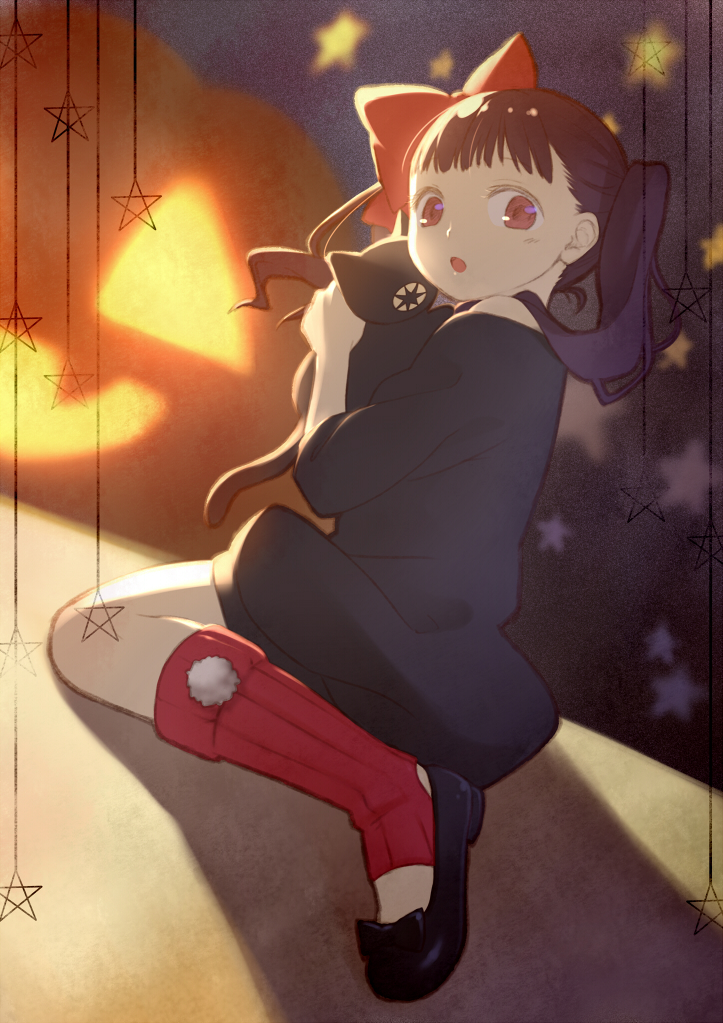 1girl, black_hair, cat, coco_(kuro), female_focus, hair_ribbon, jack-o'-lantern, kuro_(kuro)
