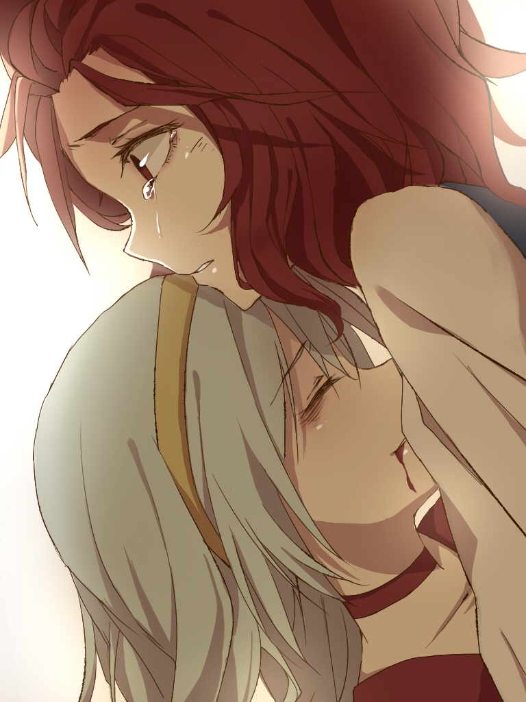 10s, 2girls, akuma_no_riddle, blood, blood_in_mouth, blue_hair, choker, closed_eyes