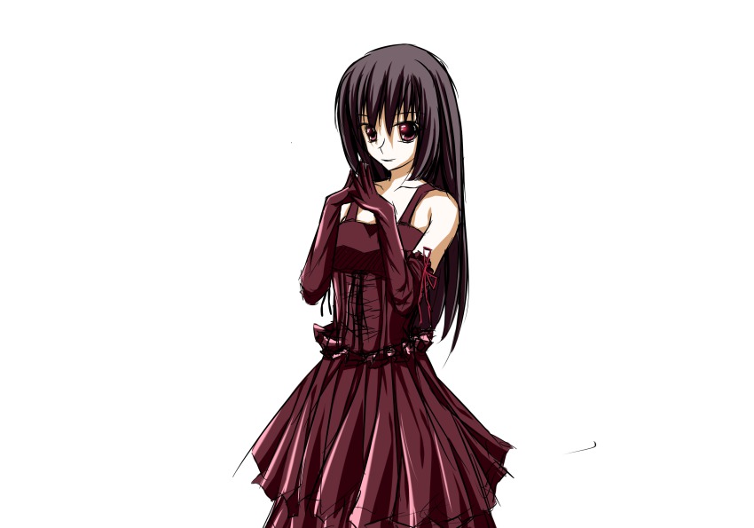 1girl, artist_request, black_dress, black_hair, bow, dress, elbow_gloves, female_focus