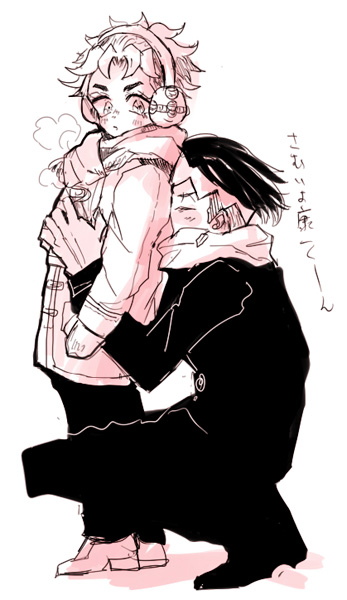 2boys, bad_id, bad_pixiv_id, black_hair, blonde_hair, blush, closed_eyes, coat