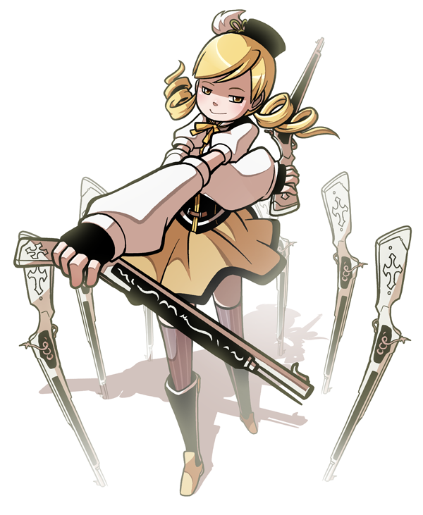 10s, 1girl, antique_firearm, beret, blonde_hair, boots, brown_thighhighs, corset