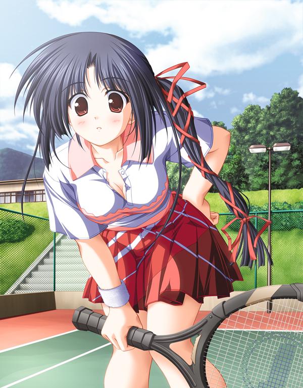 1girl, akiiro_renka, bent_over, blue_hair, blush, breasts, brown_eyes, chain-link_fence