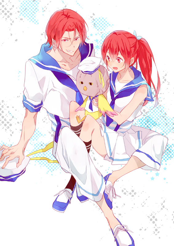 10s, 1boy, 1girl, bad_id, bad_pixiv_id, black_thighhighs, brother_and_sister, ciora