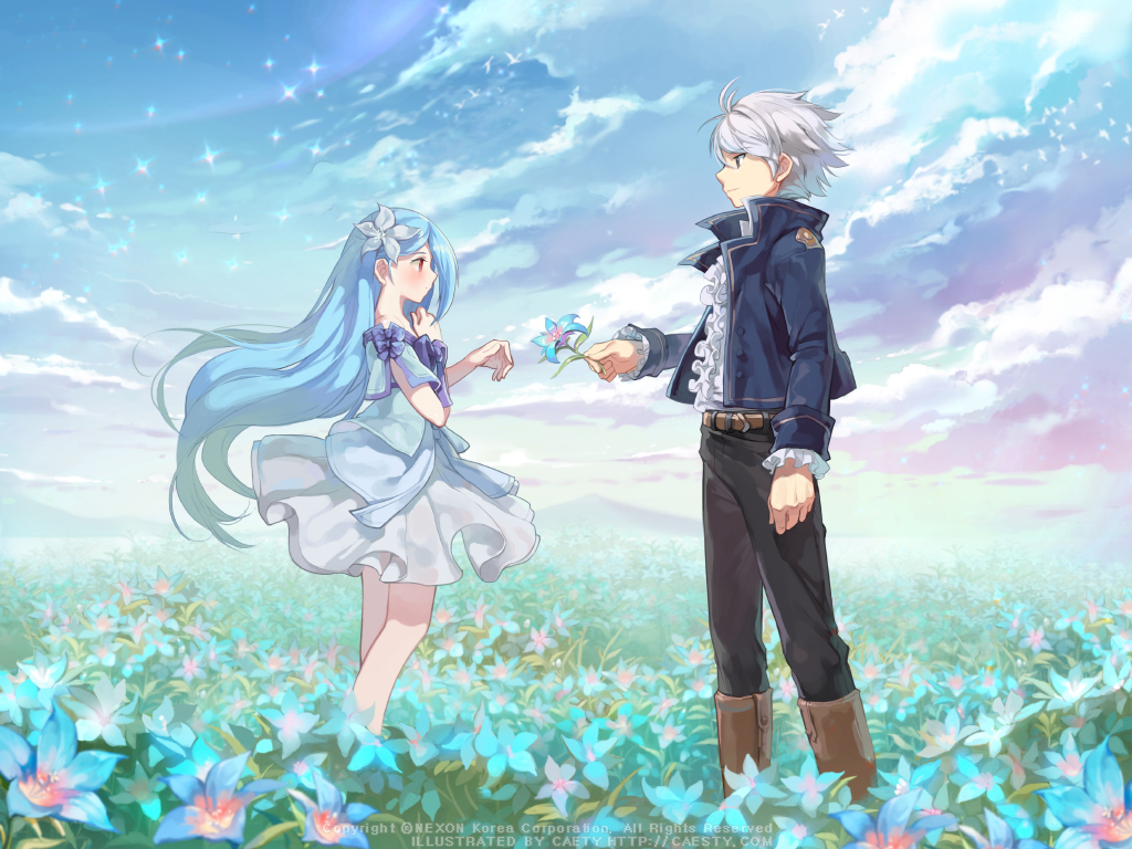 1boy, 1girl, benya_(tales_weaver), blue_hair, caesty, dress_shirt, field, flower