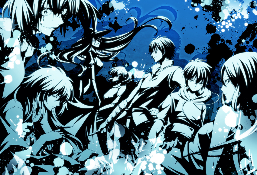 .flow, bare_shoulders, blood, blood_on_face, blood_splatter, blue_theme, crossover, hood