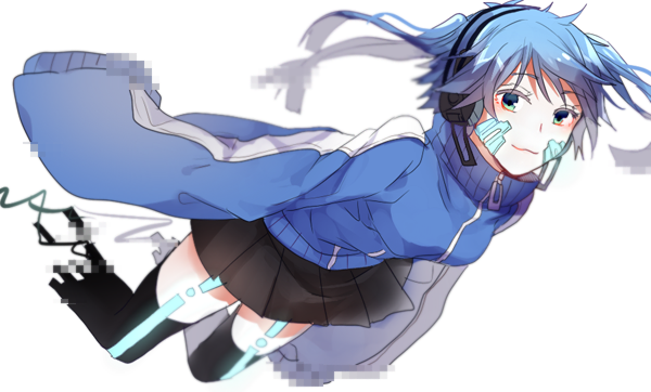 1girl, blue_eyes, blue_hair, ene_(kagerou_project), female_focus, headphones, hood, hoodie