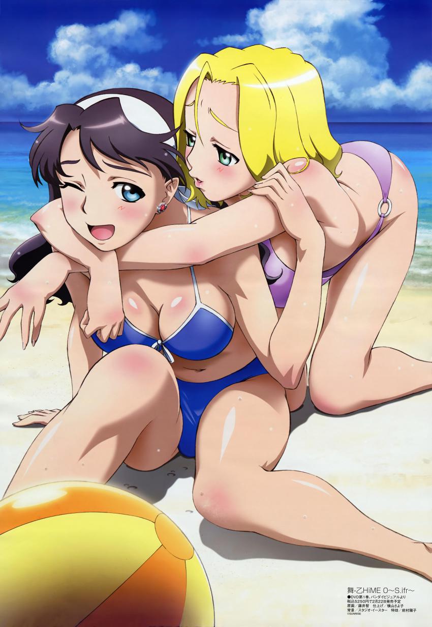 00s, 2girls, absurdres, ball, beach, beachball, bent_over, bikini, black_hair, blonde_hair, blue_bikini, blue_eyes, blush, breasts, cleavage, cloud, day, earrings, elliot_chandler, fujii_tomoyuki, green_eyes, hairband, highres, hug, jewelry, large_breasts, lena_sayers, long_hair, megami_magazine, multiple_girls, my-otome, my-otome_s.ifr, navel, o-ring, o-ring_bikini, official_art, one_eye_closed, outdoors, purple_bikini, short_hair, sweat, swimsuit, water, wink, yuri