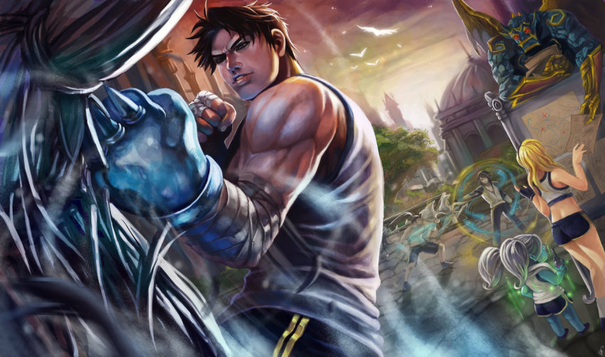 2girls, 3boys, arm_wrap, blonde_hair, blue_skin, colored_skin, galio, garen_(league_of_legends)