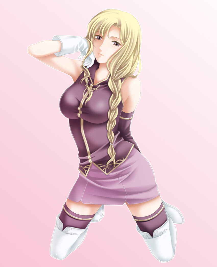 1girl, armpits, bare_shoulders, blonde_hair, boots, braid, breasts, elbow_gloves, female_focus, fire_emblem, fire_emblem:_the_blazing_blade, gloves, highres, kneeling, large_breasts, long_hair, louise_(fire_emblem), mature_female, nintendo, purple_eyes, skirt, solo, tamamon, thigh_boots, thighhighs, zettai_ryouiki