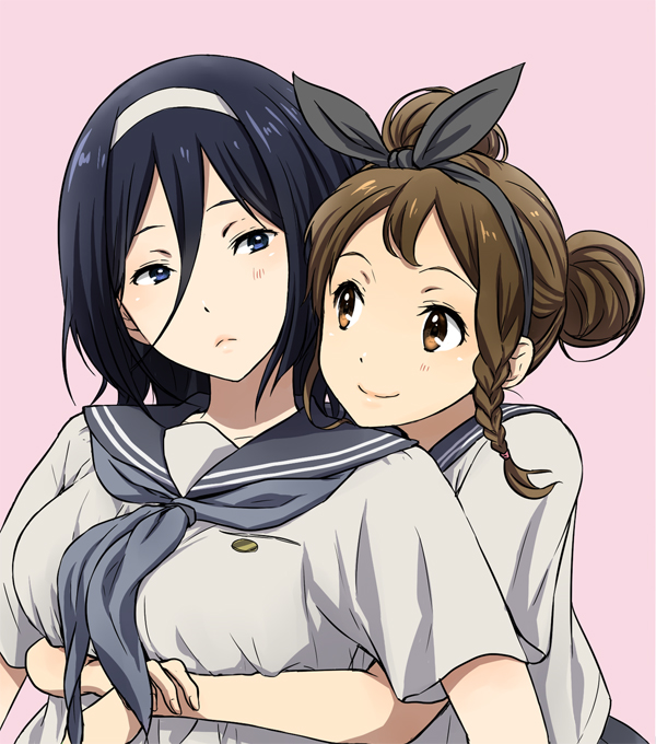 10s, 2girls, asymmetrical_hair, black_hair, blue_eyes, braid, brown_eyes, brown_hair