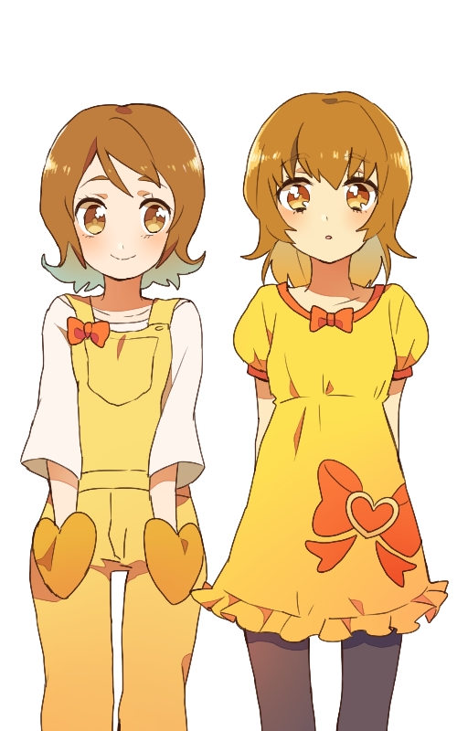 10s, 2girls, bad_id, bad_pixiv_id, blush, brown_eyes, brown_hair, color_connection