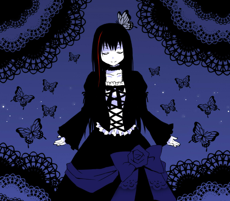 1girl, black_dress, black_hair, bug, butterfly, choker, closed_eyes, dress