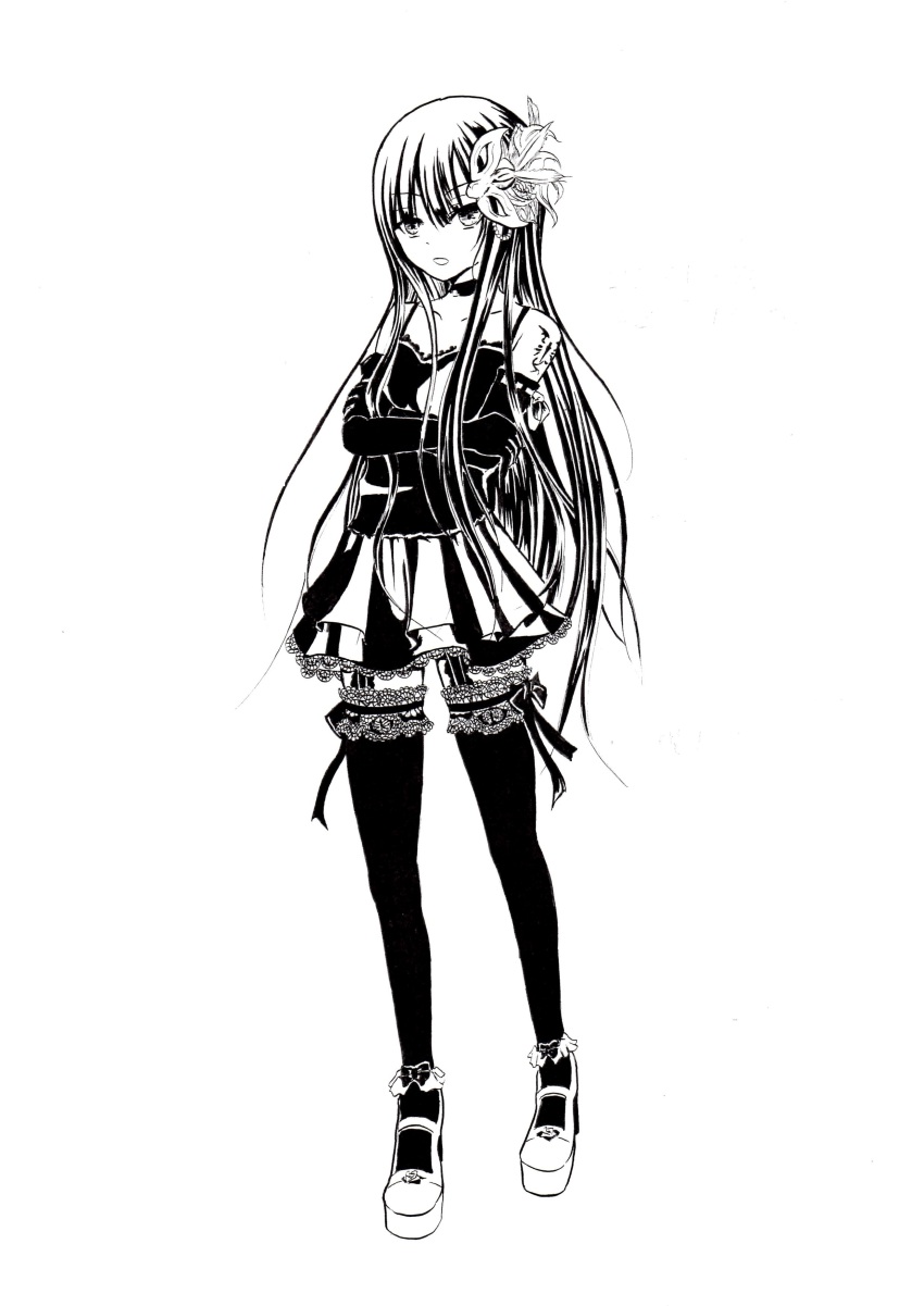 1girl, absurdres, artist_request, bare_shoulders, black_thighhighs, crossed_arms, dress, elbow_gloves