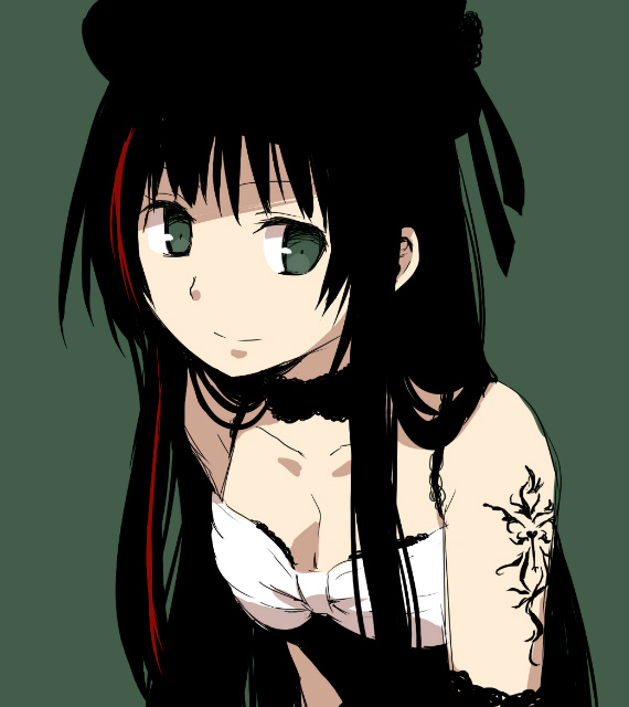 1girl, astral_dogma_(yousei_teikoku), bare_shoulders, black_hair, breasts, choker, cleavage, elbow_gloves