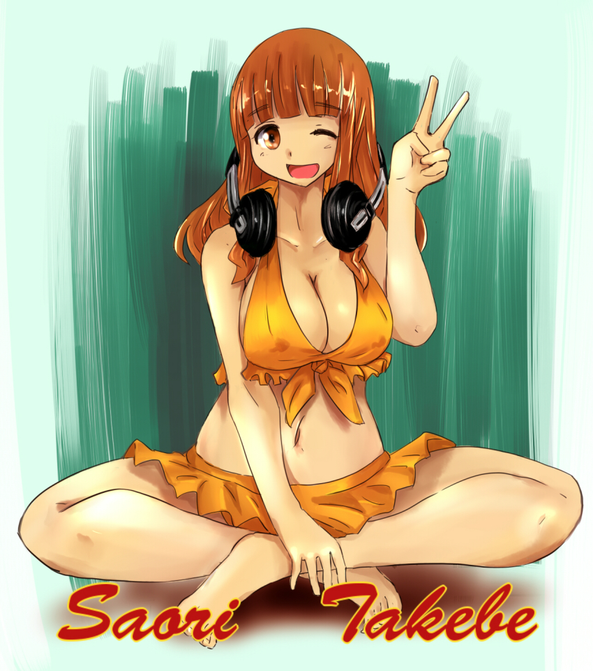 10s, 1girl, bikini, bikini_skirt, brown_eyes, brown_hair, character_name, female_focus