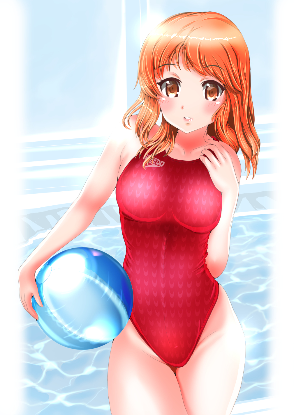 1girl, ball, brown_eyes, competition_swimsuit, female_focus, highres, mashinatsu, one-piece_swimsuit
