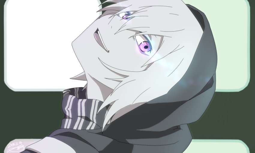 1girl, abyssal_ship, anime_coloring, fake_screenshot, female_focus, grey_hair, hood, hoodie, kagerou_project, kantai_collection, pale_skin, parody, purple_eyes, re-class_battleship, scarf, seijou, shaft_look, solo, style_parody