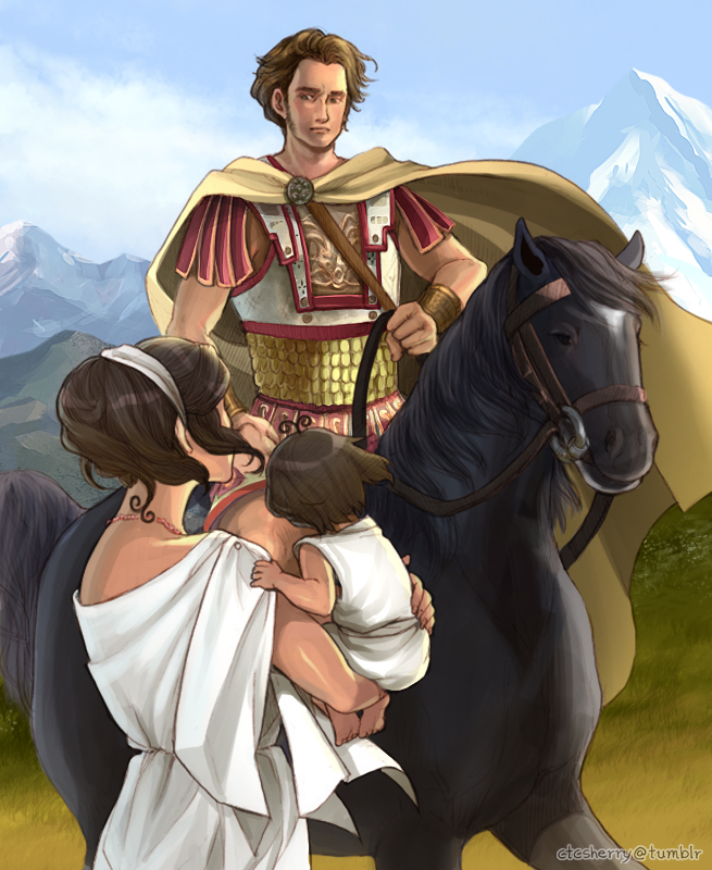 1girl, 2boys, alexander_the_great, ancient_greece_(hetalia), ancient_greek_clothes, armor, axis_powers_hetalia, bucephalus_(fate), cape, civilization_(series), civilization_v, cloud, crossover, day, fate_(series), greco-roman_clothes, greece_(hetalia), horse, horseback_riding, manly, mountain, multiple_boys, pteruges, riding, scale_armor, sherry_lai, sky