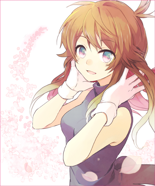 1990s_(style), 1girl, black_dress, blue_eyes, brown_hair, dress, female_focus, gloves, green_(pokemon), long_hair, looking_at_viewer, mogawa, nintendo, petals, pokemon, pokemon_red/green/blue/yellow, pokemon_rgby_beta, prototype_design, retro_artstyle, sekka_koyori, sleeveless, sleeveless_dress, solo, white_gloves