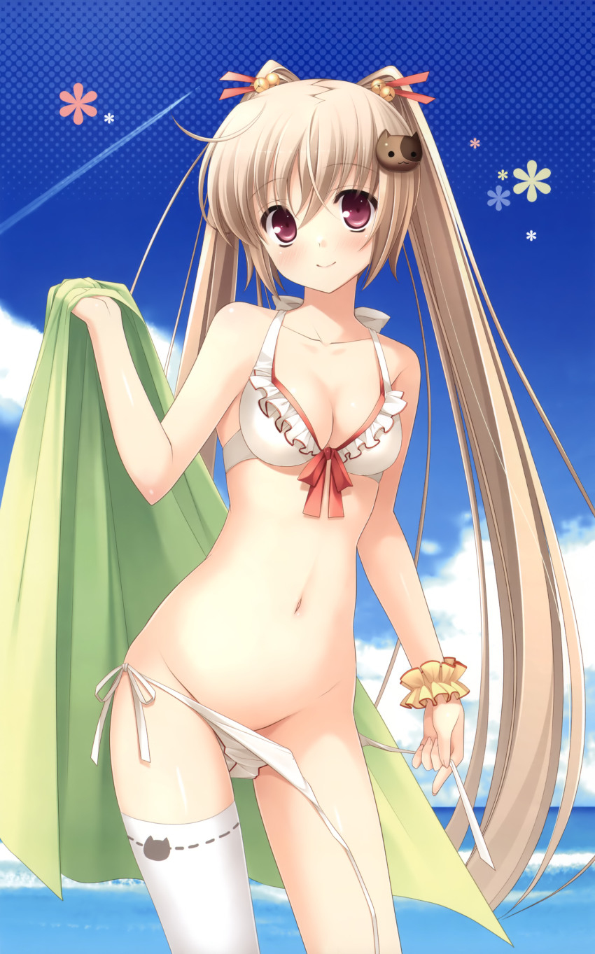 1girl, absurdres, asasaka_meguri, bikini, blue_sky, blush, breasts, brown_hair