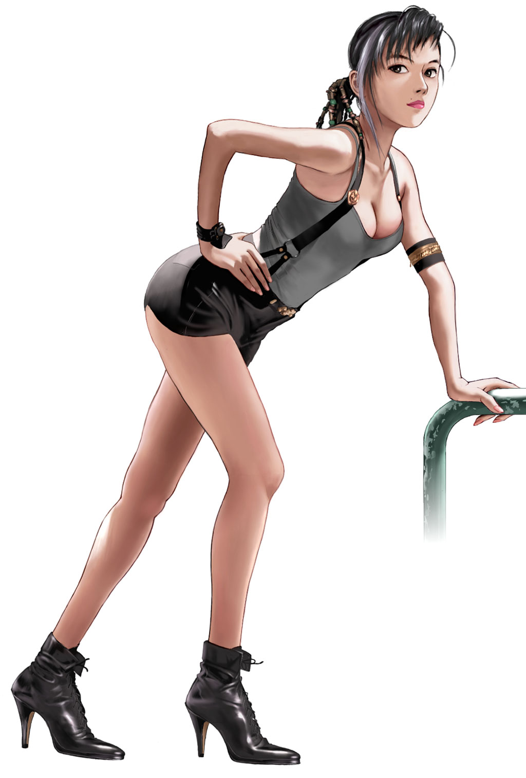 1990s_(style), 1girl, ankle_boots, arched_back, armband, bare_legs, bare_shoulders, black_eyes
