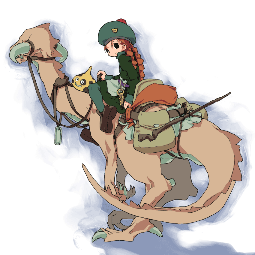 1girl, :d, apron, arm_support, belt, beret, black_eyes, braid, child, dragon_quest, dragon_quest_monsters, dragon_quest_monsters_2, dress, fangs, flat_chest, fur_trim, green_pantyhose, harness, hat, horns, iru_(dq), key, light_smile, long_hair, looking_back, monster, mottle_slime, najimi_shin, open_mouth, orange_eyes, outline, pantyhose, platform_footwear, profile, riding, saddle, shoes, simple_background, sleeve_cuffs, slime_(dragon_quest), smile, staff, turtleneck, twin_braids, waist_apron, white_background