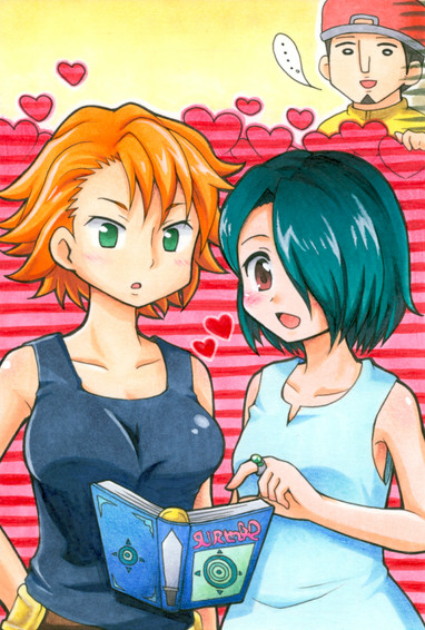 1boy, 2girls, amana_(hunter_x_hunter), asta_(hunter_x_hunter), book, breasts, brown_eyes, buttobi_eriko, green_eyes, green_hair, hair_over_one_eye, hunter_x_hunter, jewelry, large_breasts, multiple_girls, orange_hair, ring, short_hair