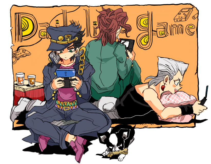 3boys, blush_stickers, bone, dog, earrings, gakuran, grey_hair, handheld_game_console
