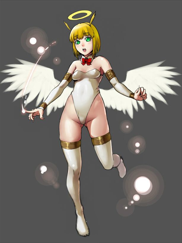 1990s_(style), 1girl, angel_(monster_farm), blonde_hair, breasts, fang, female_focus, fur, green_eyes, grey_background, leotard, monster_farm, monster_girl, retro_artstyle, short_hair, simple_background, solo, tkln, wings