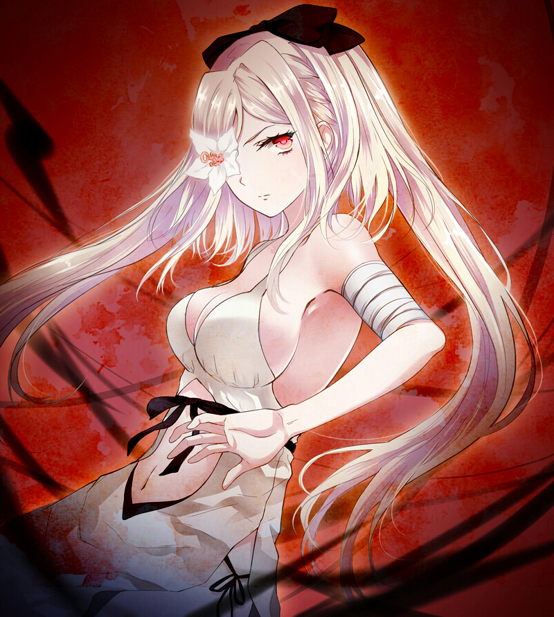 1girl, ayumi_(xiwu), bad_id, bad_pixiv_id, bandages, bow, breasts, cleavage