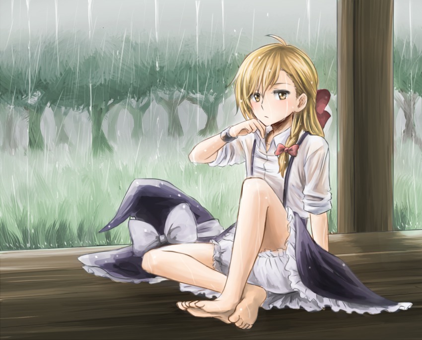 1girl, ahoge, arm_support, bare_legs, barefoot, blonde_hair, bloomers, bow