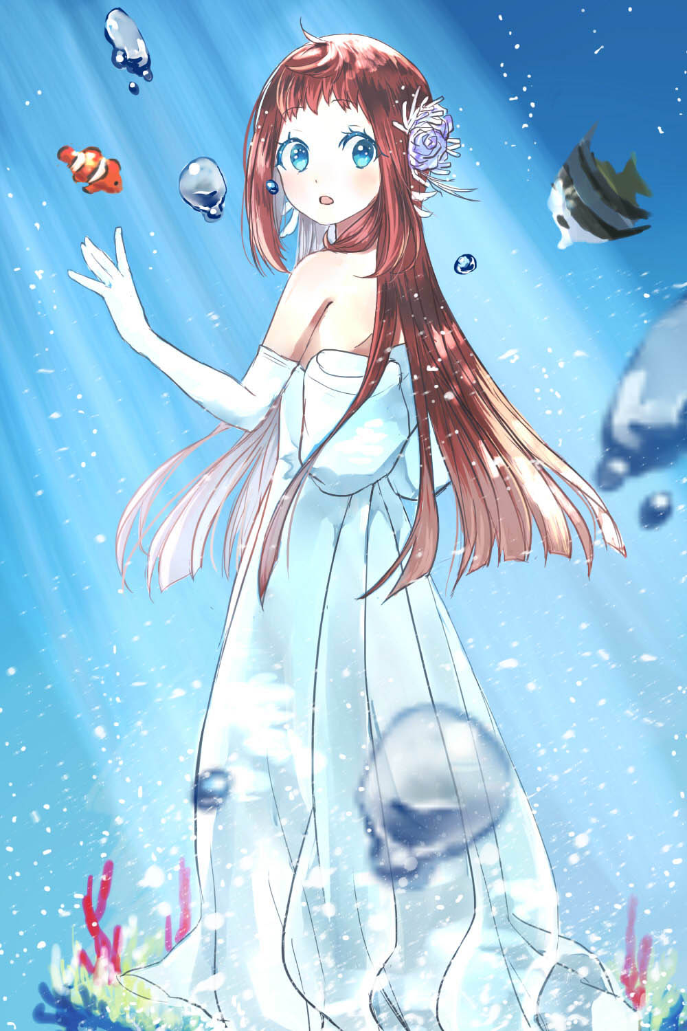 10s, 1girl, ataharu, blue_eyes, brown_hair, dressing, elbow_gloves, fish, flower, gloves, hair_flower, hair_ornament, highres, long_hair, mukaido_manaka, nagi_no_asukara, underwater