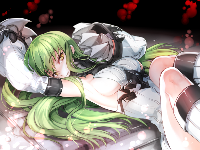 1girl, armpits, blush, breasts, c.c., claws, code_geass, cosplay, creayus, detached_sleeves, dress, female_focus, green_hair, kantai_collection, large_breasts, long_hair, looking_at_viewer, lying, on_back, ribbed_dress, ribbed_sweater, seaport_hime_(cosplay), seaport_princess, short_dress, sideboob, solo, sweater, sweater_dress, yellow_eyes