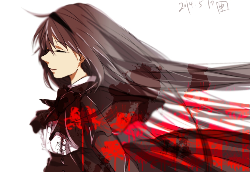 10s, 1girl, 2014, akemi_homura, akemi_homura_(black_dress), bad_id, bad_pixiv_id, black_hair, closed_eyes, dated, dress, female_focus, funeral_dress, hairband, highres, long_hair, mahou_shoujo_madoka_magica, mahou_shoujo_madoka_magica:_hangyaku_no_monogatari, simple_background, smile, solo, spoilers, white_background, yuriha