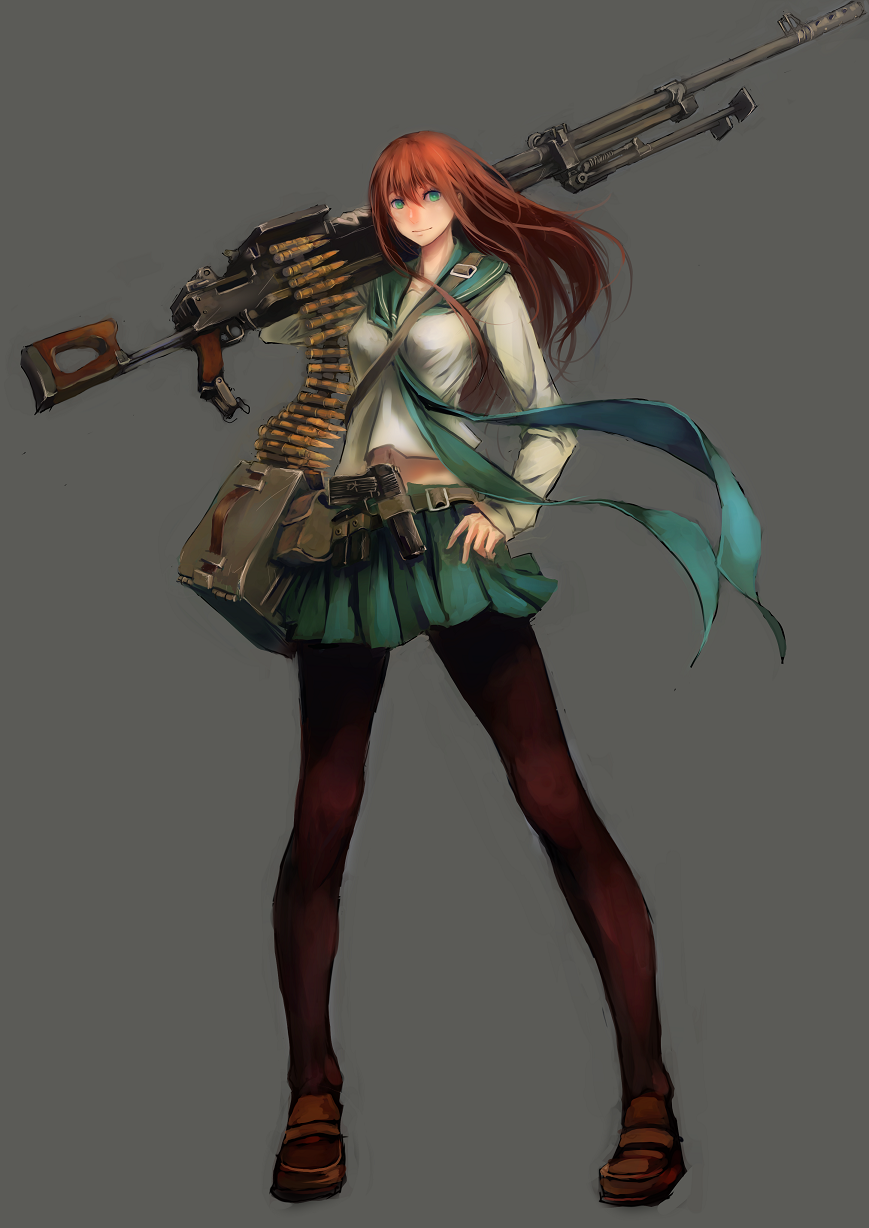 12.7x108mm, 1girl, ammunition, ammunition_belt, ammunition_box, anti-materiel_cartridge, aqua_eyes, bipod, breasts, brown_hair, brown_pantyhose, bullet, cartridge, female_focus, full_body, green_skirt, grey_background, gun, hand_on_own_hip, handgun, heavy_machine_gun, highres, hmg_cartridge, huge_weapon, jittsu, kord_6p50, kord_macine_gun, long_hair, machine_gun, magazine_(weapon), magnum_cartridge, military_cartridge, muzzle_device, navel, original, over_shoulder, pantyhose, pistol, pleated_skirt, red_hair, rifle_cartridge, school_uniform, serafuku, shoes, simple_background, skirt, solo, supersonic_ammunition, tokarev_tt-33, weapon, weapon_over_shoulder
