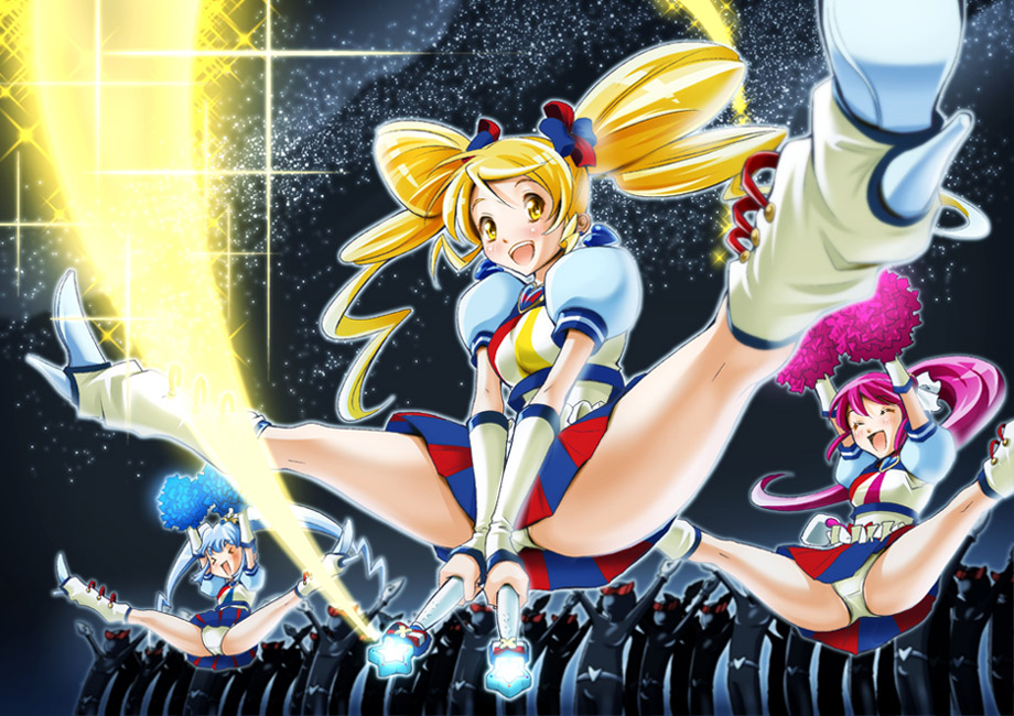 >_<, 3girls, :d, aino_megumi, alternate_form, blonde_hair, blue_hair, boots