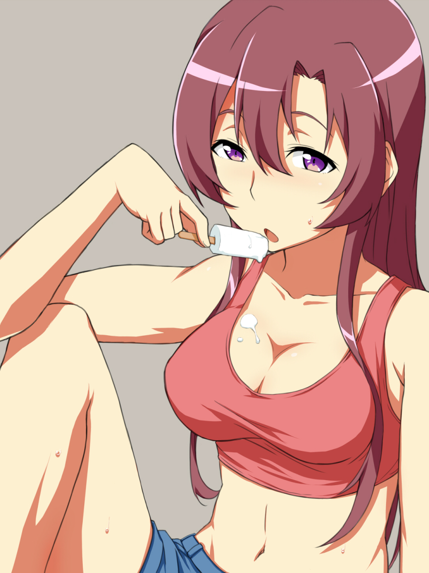 10s, 1girl, breasts, cleavage, female_focus, food, grey_background, highres, long_hair, looking_at_viewer, maboro_shiki, maporo_shiki, midriff, nagioka, navel, popsicle, purple_eyes, red_hair, ryuugajou_nanana_no_maizoukin, sexually_suggestive, shorts, simple_background, solo, tank_top