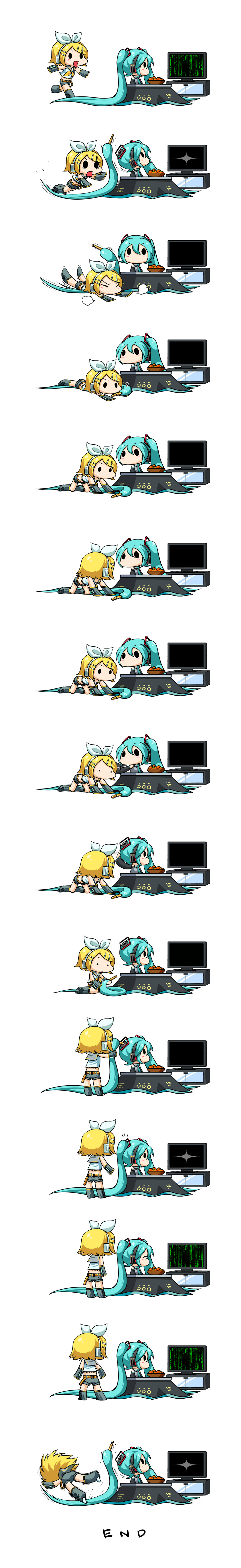 2girls, ?, absurdly_long_hair, absurdres, aqua_hair, audio_jack, bad_id, bad_pixiv_id, black_eyes, blonde_hair, bowl, closed_eyes, clumsy, comic, detached_sleeves, flapping, food, fruit, hair_ornament, hair_ribbon, hairclip, hatsune_miku, headset, highres, kagamine_rin, kotatsu, long_hair, long_image, lying, mandarin_orange, matrix_(movie), multiple_girls, namakara_exe, neckerchief, on_stomach, open_mouth, pointing, pointing_at_self, ribbon, shirt, shorts, silent_comic, sitting, smile, socket, solid_circle_eyes, table, tall_image, television, the_matrix, tripping, twintails, very_long_hair, vocaloid, what, wide-eyed