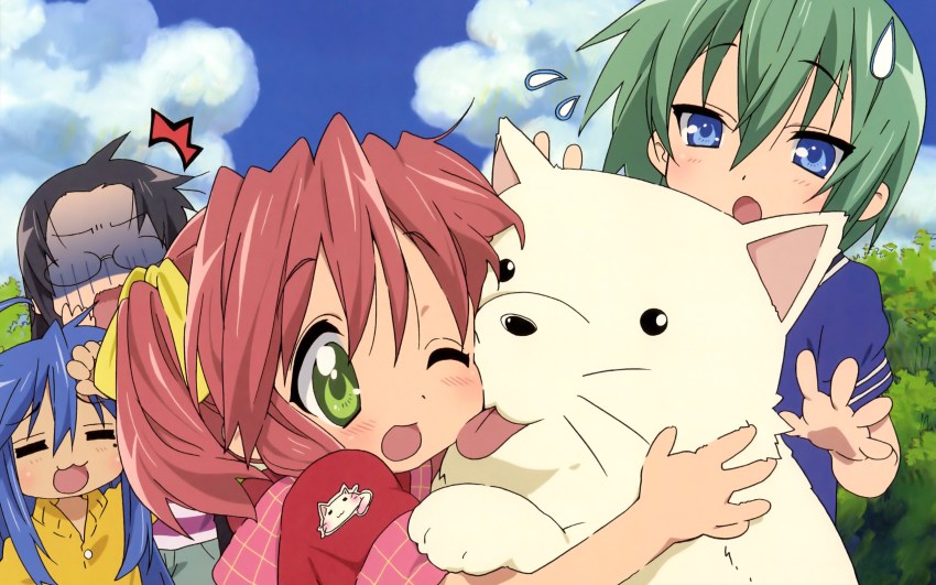 00s, 4girls, blue_eyes, cat, cherry_(lucky_star), cloud, day, highres