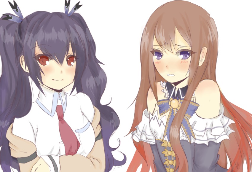 2girls, 5pb., bare_shoulders, black_hair, blue_eyes, blush, brown_hair, coat