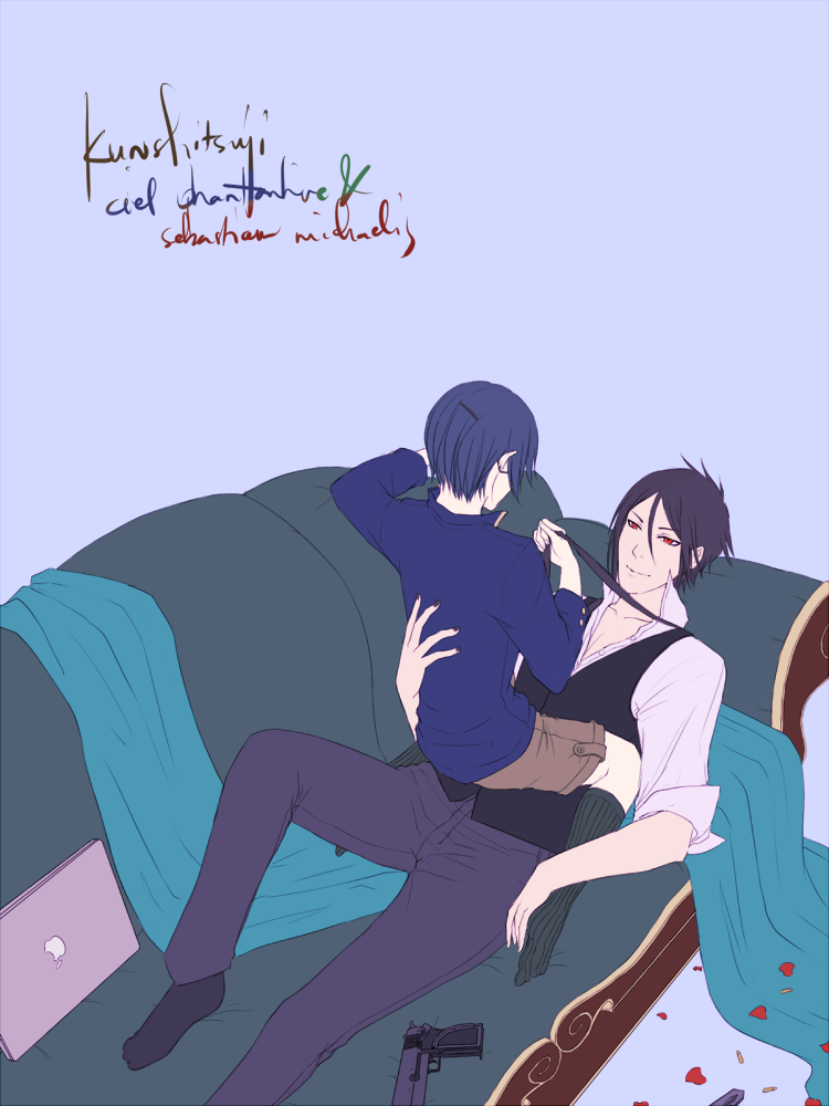 2boys, age_difference, buttler, child, ciel_phantomhive, computer, couch, demon, gun, kneehighs, kuroshitsuji, laptop, male_focus, multiple_boys, sebastian_michaelis, sitting, sitting_on_lap, sitting_on_person, socks, weapon, yaoi